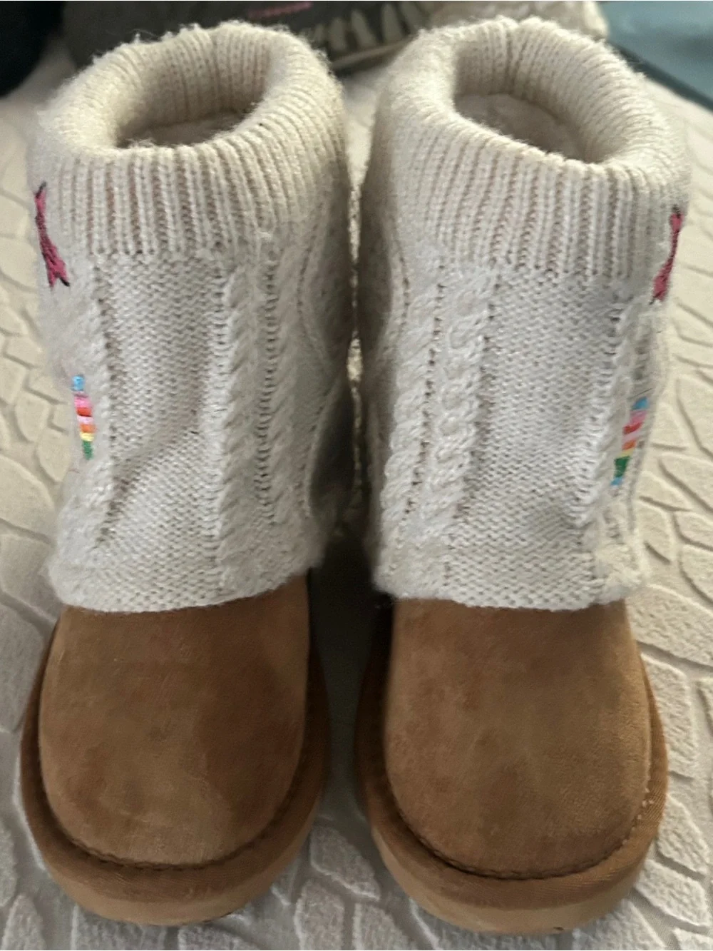 Steve Madden Cream Sweater Cuff Kids Boots w/Colorful Embroidered Patch Accents